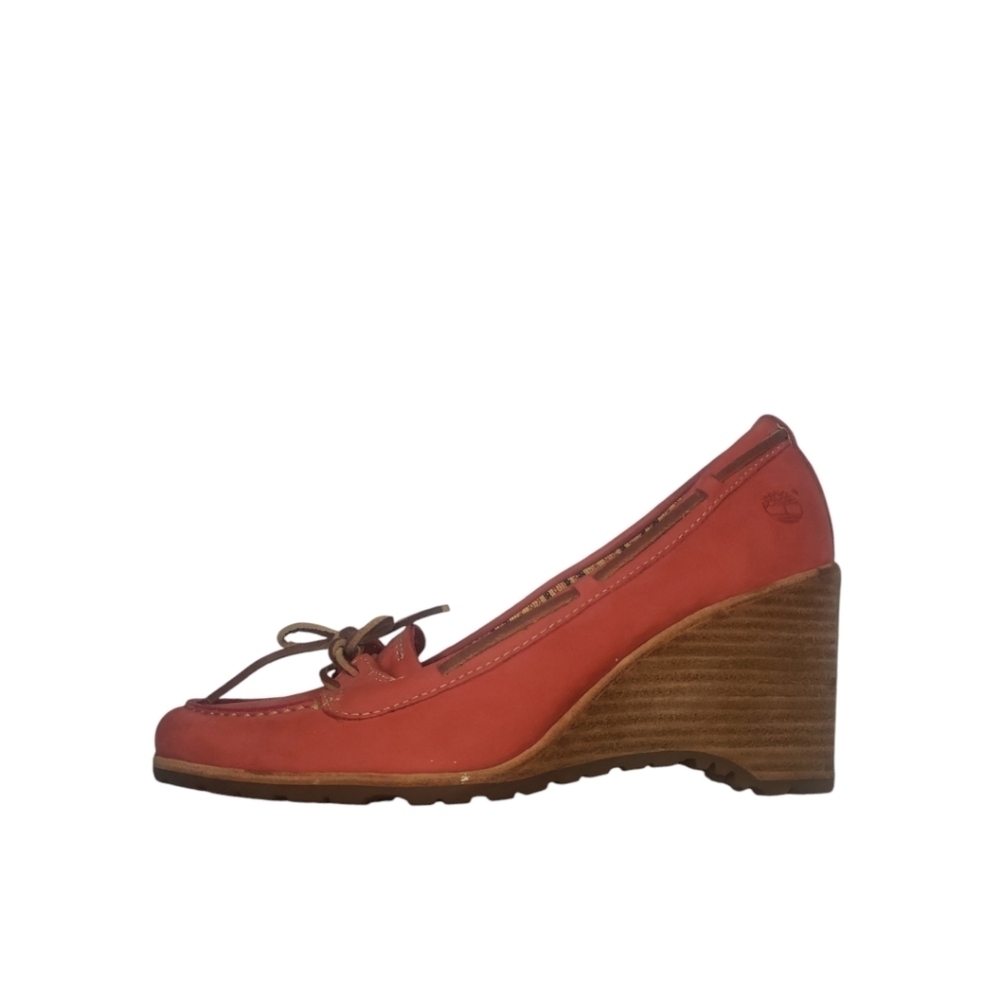 Timberland Coral Red Leather Wedge Heel Boat Shoes Size 6.5M